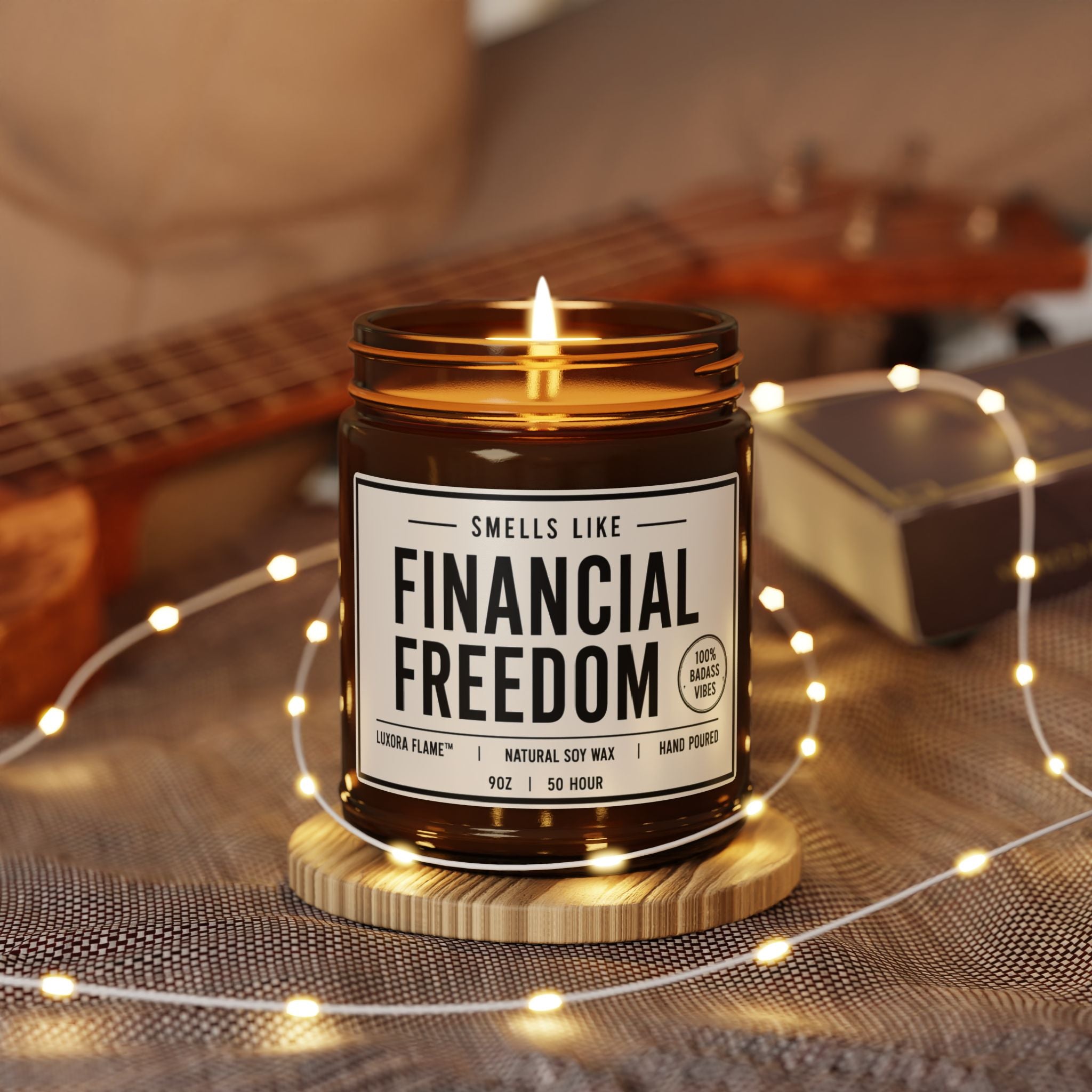 Scented Soy Candle — “Smells Like Financial Freedom” Amber Jar (Multi-Size)