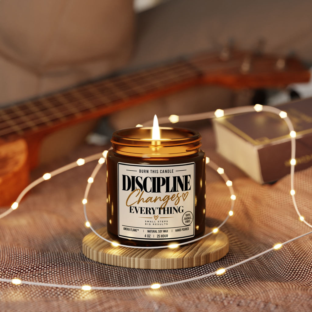Discipline Changes Everything Soy Candle — Amber Jar Scented Candle (Motivational Label)
