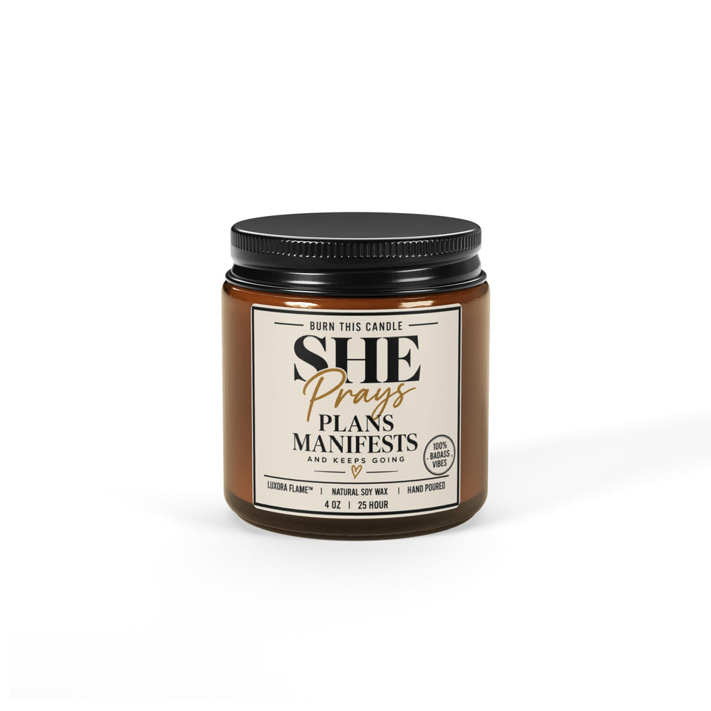 Inspirational Amber Jar Candle — “She Prays, Plans, Manifests” Scented Soy Candle