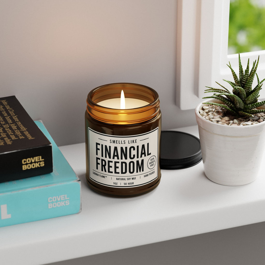 Scented Soy Candle — “Smells Like Financial Freedom” Amber Jar (Multi-Size)