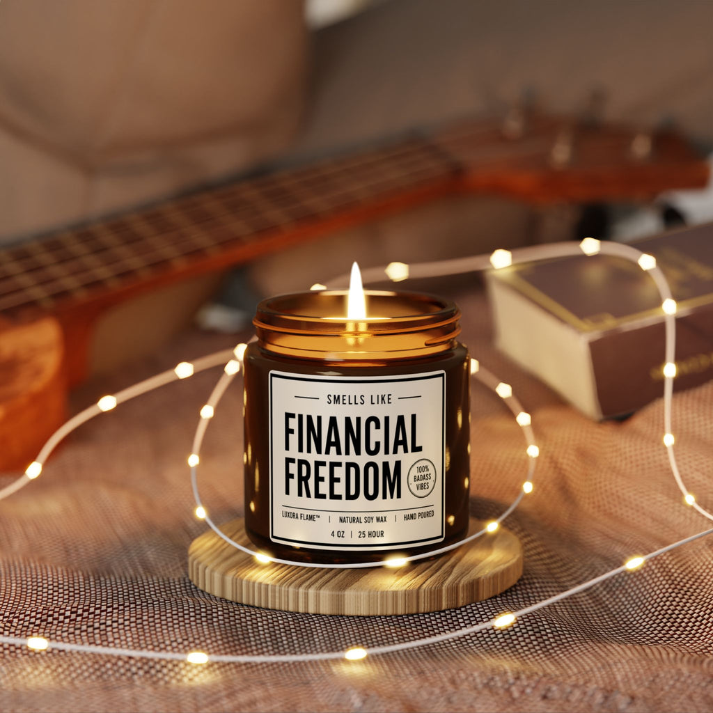 Scented Soy Candle — “Smells Like Financial Freedom” Amber Jar (Multi-Size)