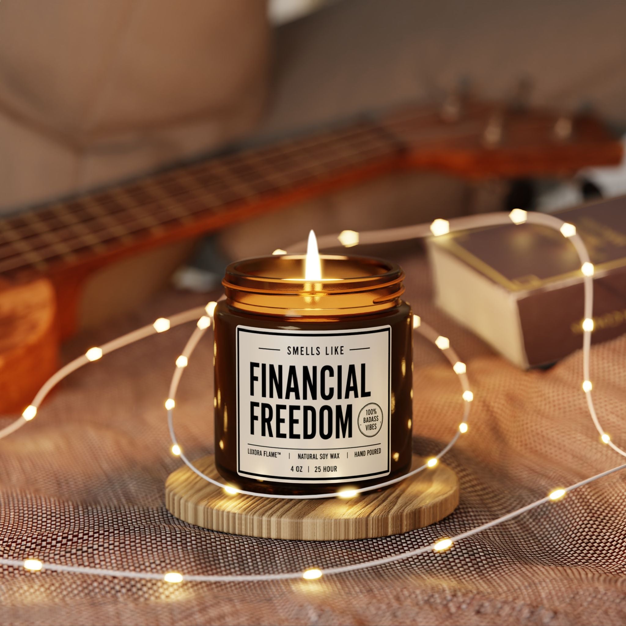 Scented Soy Candle — “Smells Like Financial Freedom” Amber Jar (Multi-Size)
