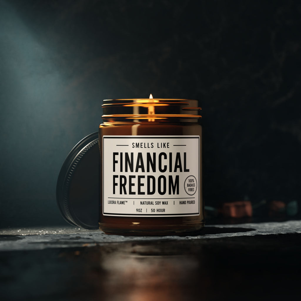 Scented Soy Candle — “Smells Like Financial Freedom” Amber Jar (Multi-Size)