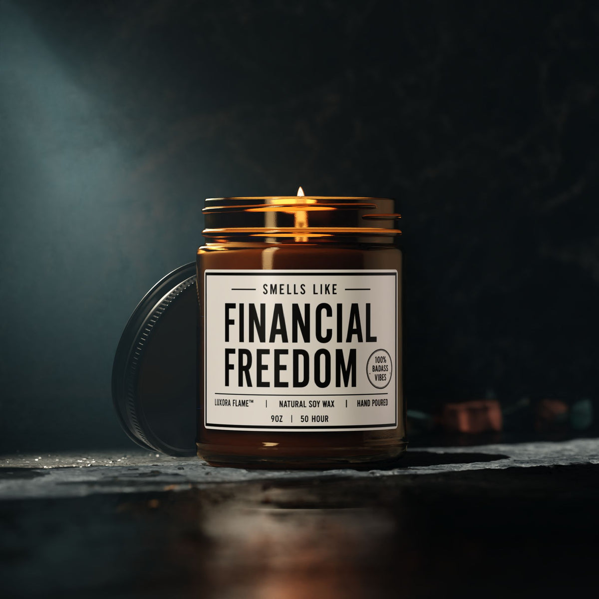 Scented Soy Candle — “Smells Like Financial Freedom” Amber Jar (Multi-Size)