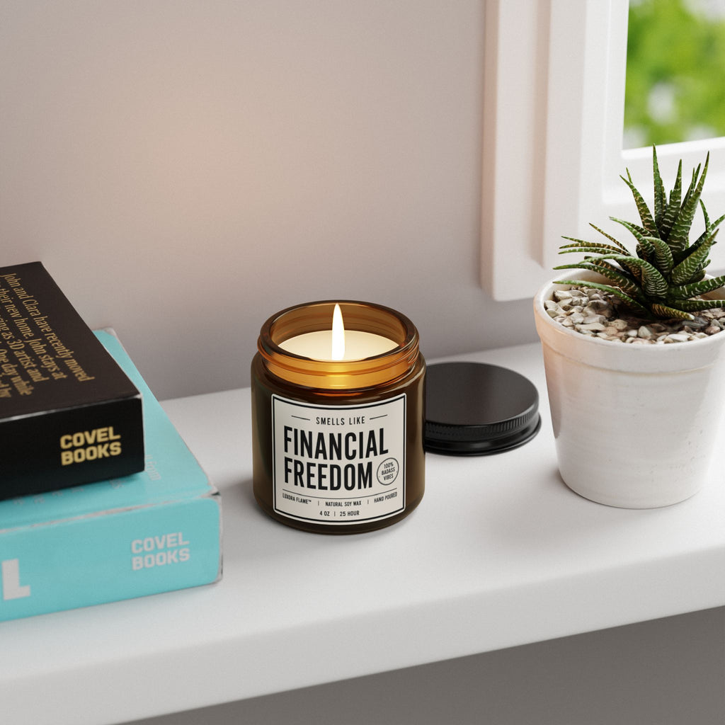 Scented Soy Candle — “Smells Like Financial Freedom” Amber Jar (Multi-Size)