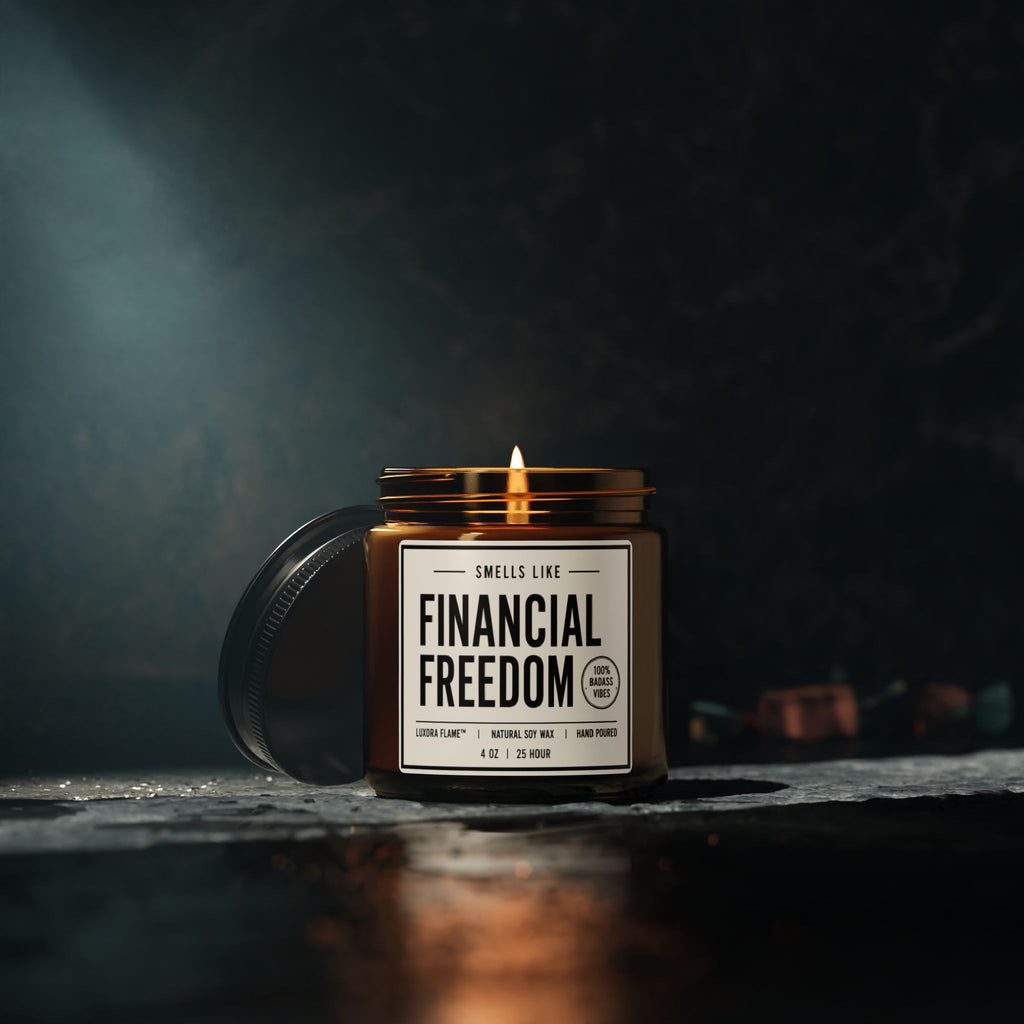 Scented Soy Candle — “Smells Like Financial Freedom” Amber Jar (Multi-Size)