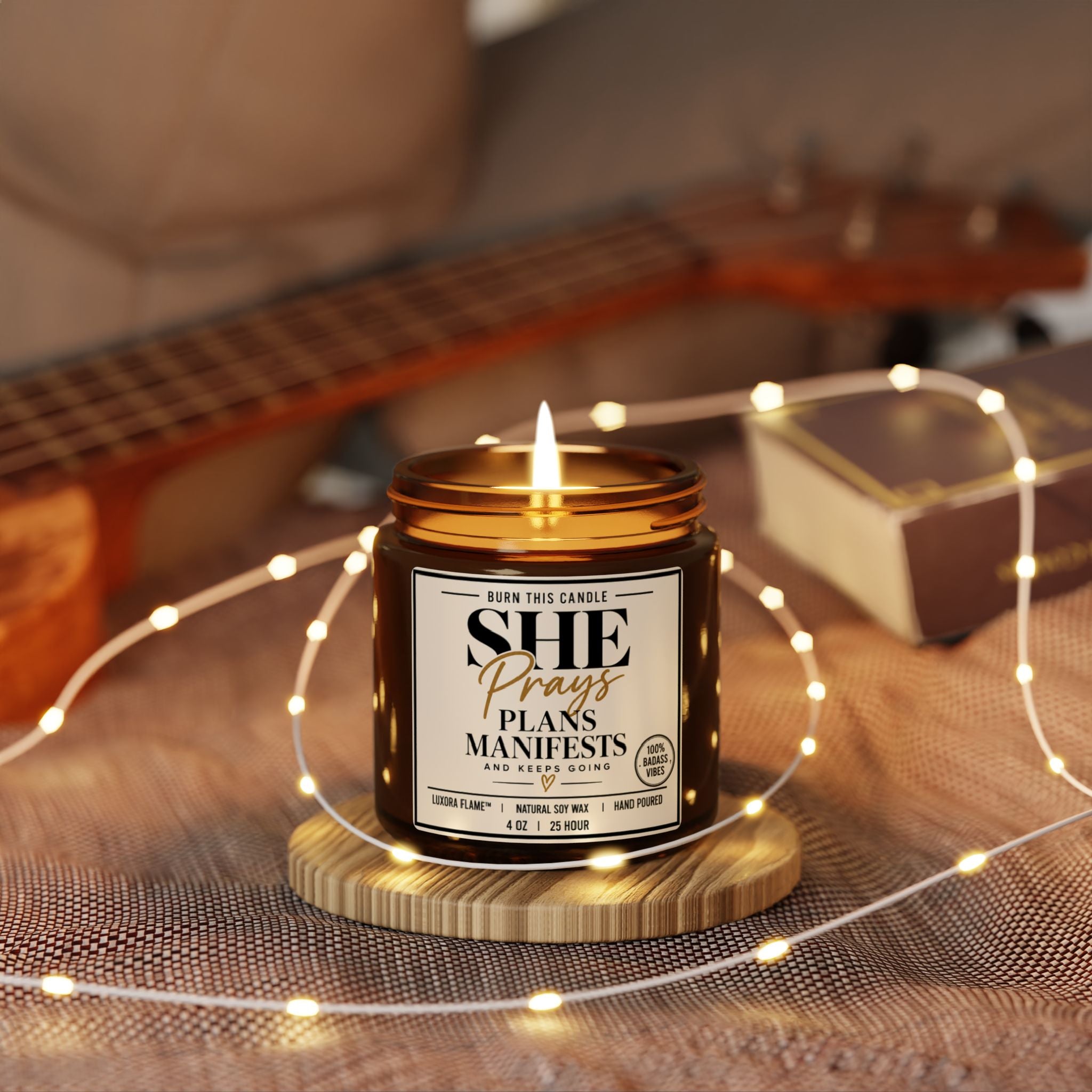 Inspirational Amber Jar Candle — “She Prays, Plans, Manifests” Scented Soy Candle