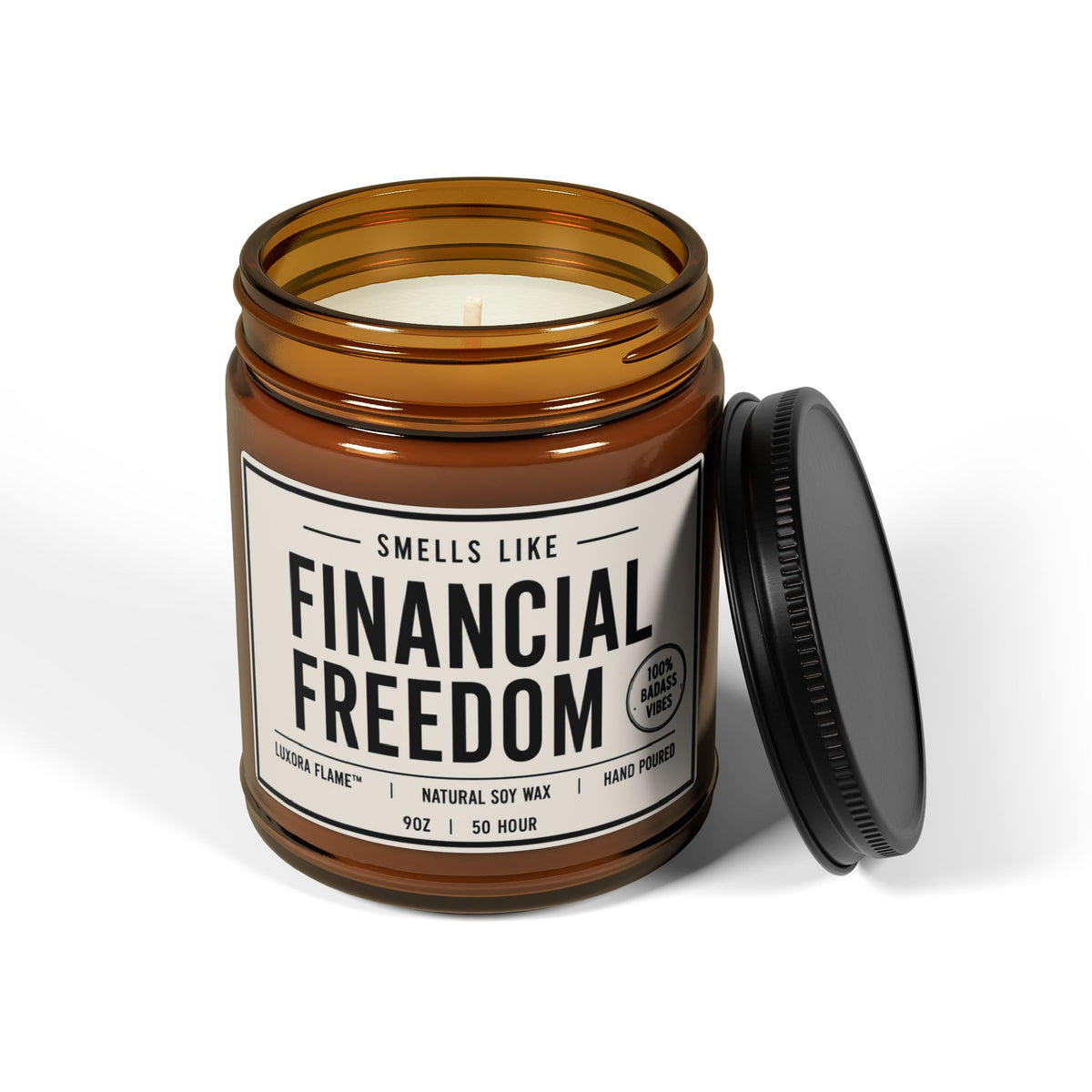 Scented Soy Candle — “Smells Like Financial Freedom” Amber Jar (Multi-Size)