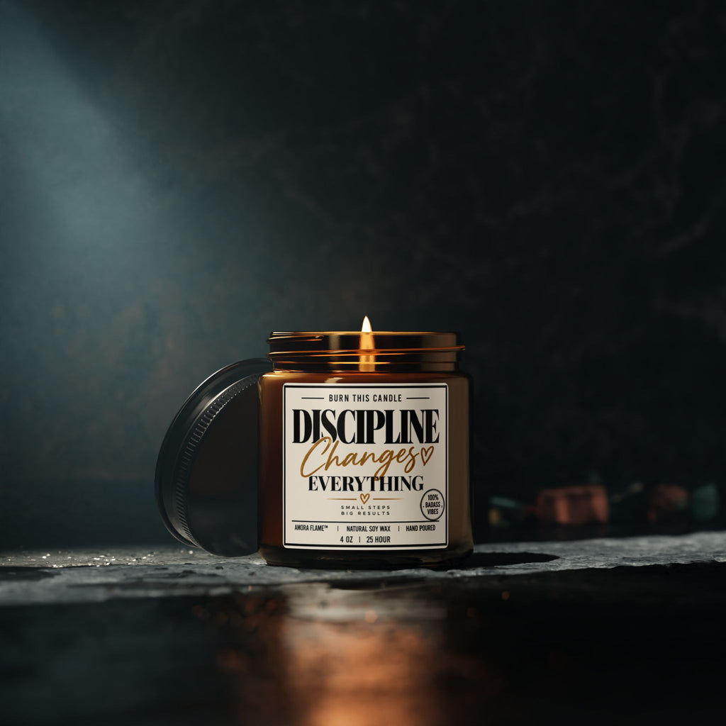 Discipline Changes Everything Soy Candle — Amber Jar Scented Candle (Motivational Label)