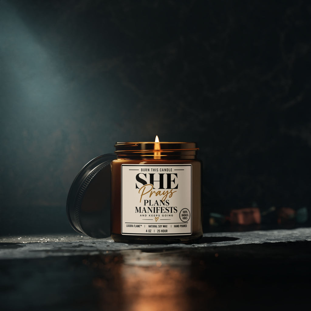 Inspirational Amber Jar Candle — “She Prays, Plans, Manifests” Scented Soy Candle